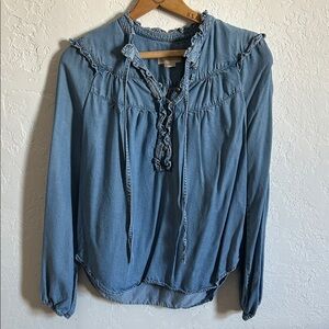 Maeve by Anthropologie Ruffled Long-Sleeve Chambray Peasant Top - Blue